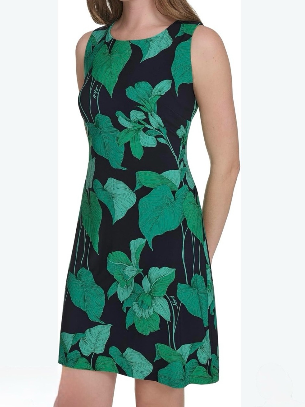 NWT Tommy Hilfiger Navy Sleeveless Mini Dress With Green Botanical Motif Size 8